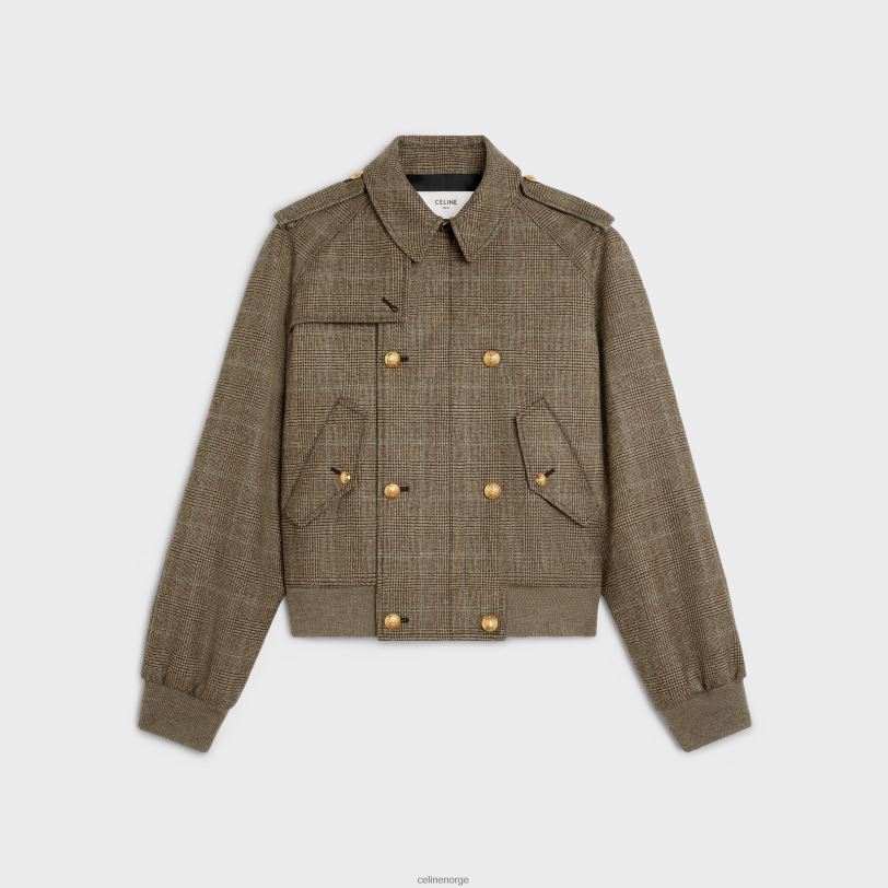 CELINE kvinner bomberjakke i Prince of Wales-flanell V0PT6693 klær kamel/ebene/gris