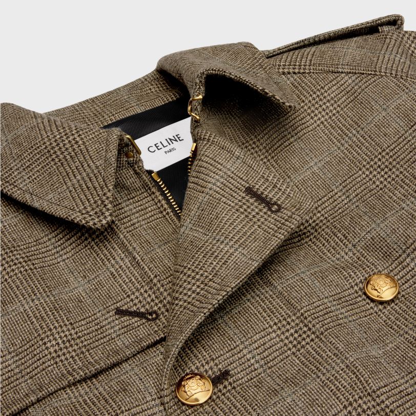 CELINE kvinner bomberjakke i Prince of Wales-flanell V0PT6693 klær kamel/ebene/gris