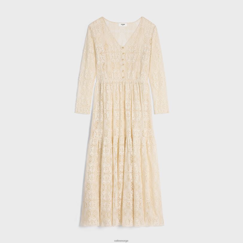 CELINE kvinner lang kjole i heklet bomull V0PT6584 klær craie