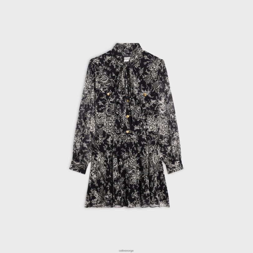 CELINE kvinner lavalliere minikjole i silke georgette V0PT6789 klær noir/craie