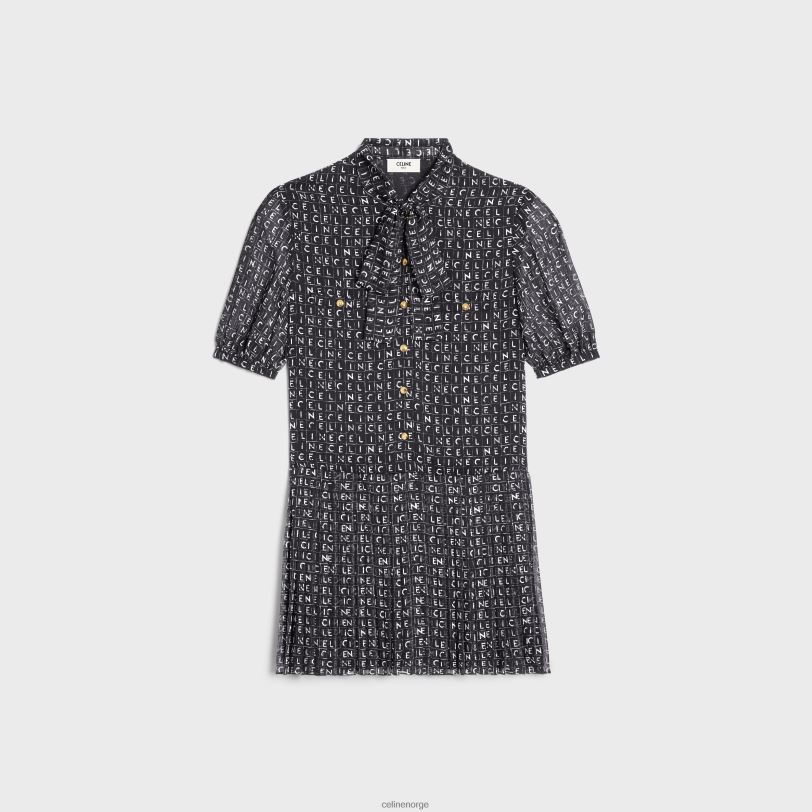 CELINE kvinner lavalliere minikjole i silke georgette V0PT6790 klær noir/elfenben