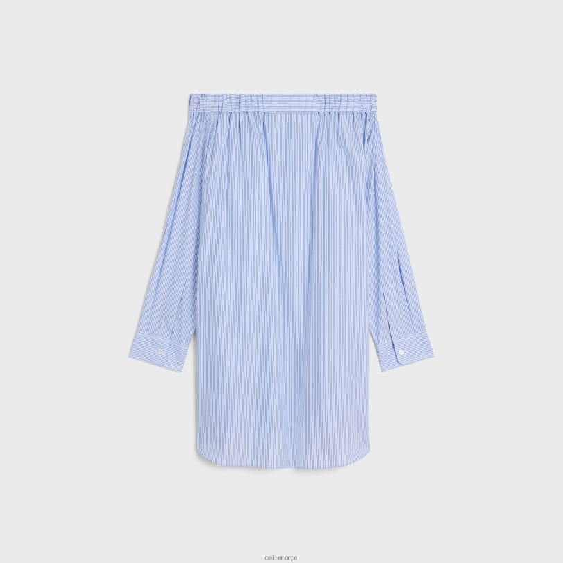 CELINE kvinner off-shoulder skjortekjole i stripete bomull V0PT6799 klær craie/bleu