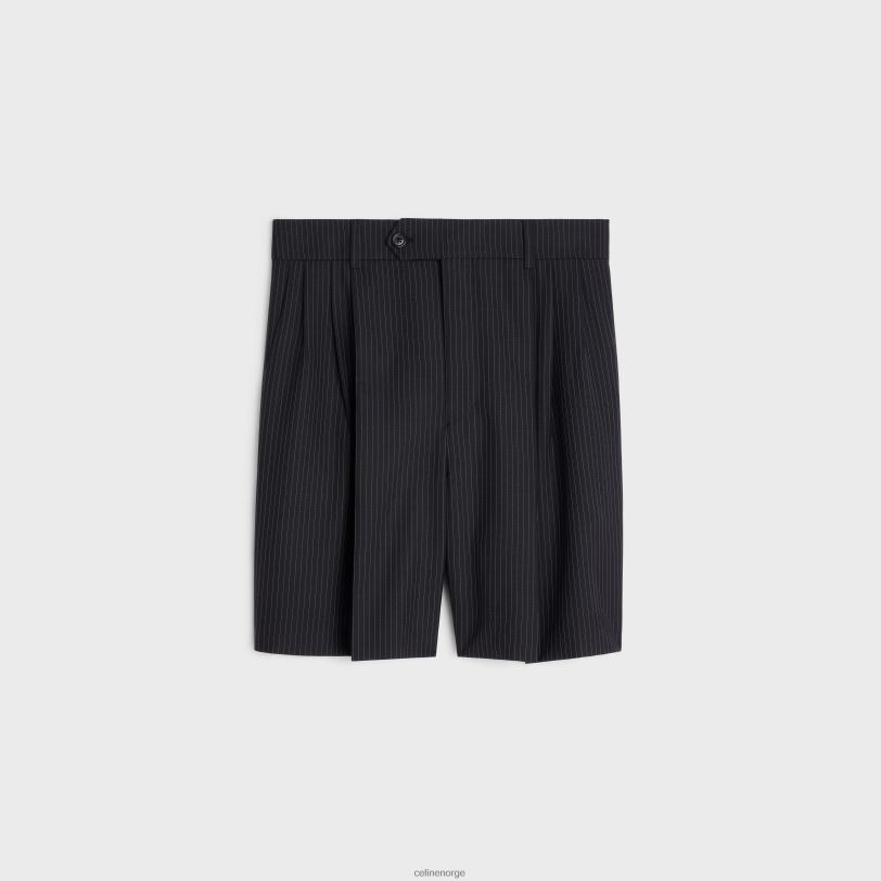 CELINE kvinner trippelplisserte shorts i stripet ull V0PT6877 klær noir/craie