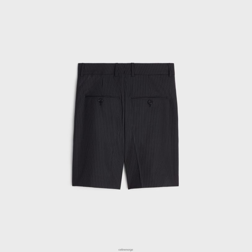 CELINE kvinner trippelplisserte shorts i stripet ull V0PT6877 klær noir/craie