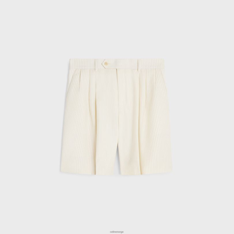 CELINE kvinner trippelplisserte shorts i stripet ull V0PT6878 klær elfenben/noir
