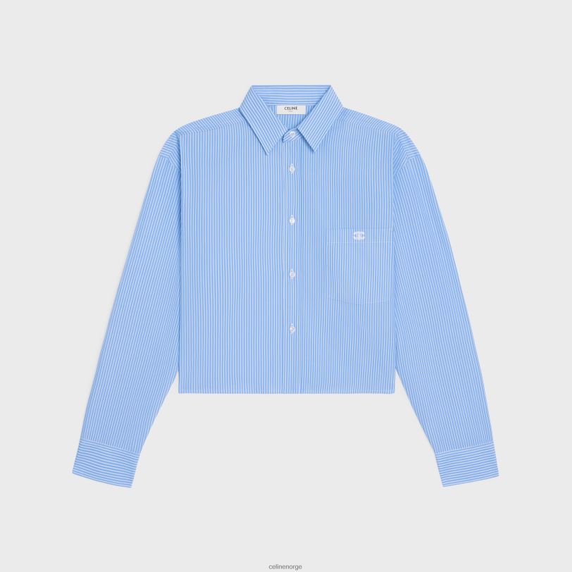 CELINE kvinner cropped skjorte i stripete bomullspoplin V0PT6835 klær ciel/blanc
