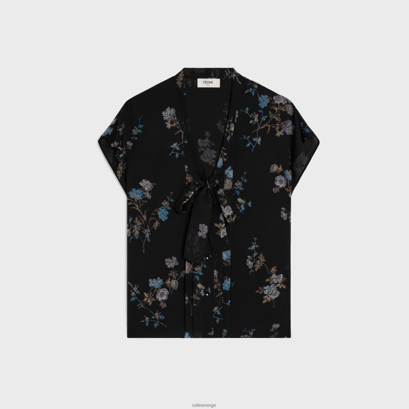 CELINE kvinner lavalliere bluse i silke georgette V0PT6841 klær noir/bleu