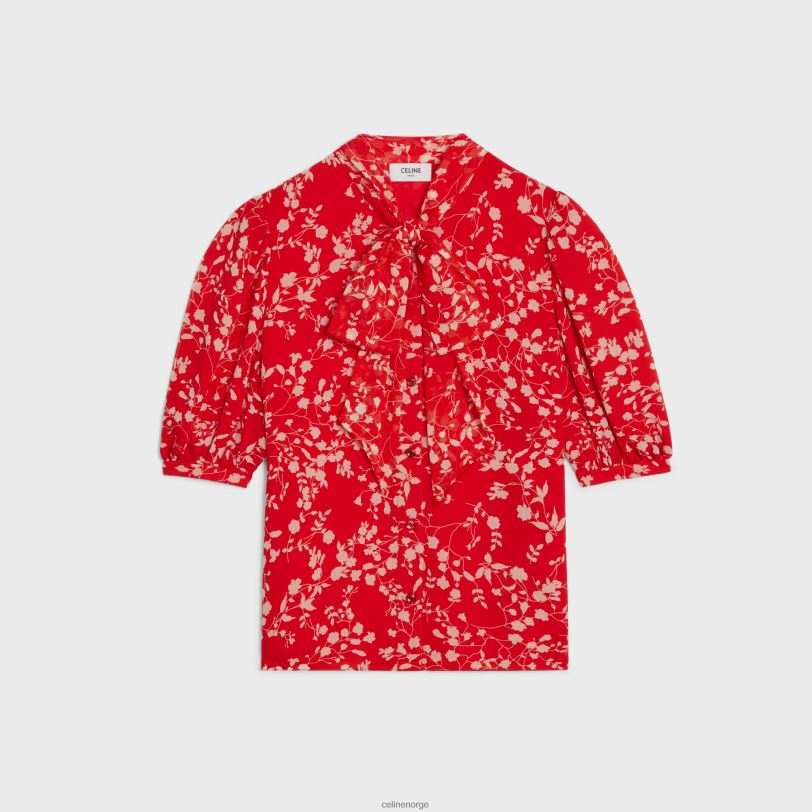 CELINE kvinner lavalliere bluse i silke georgette V0PT6842 klær rouge/craie
