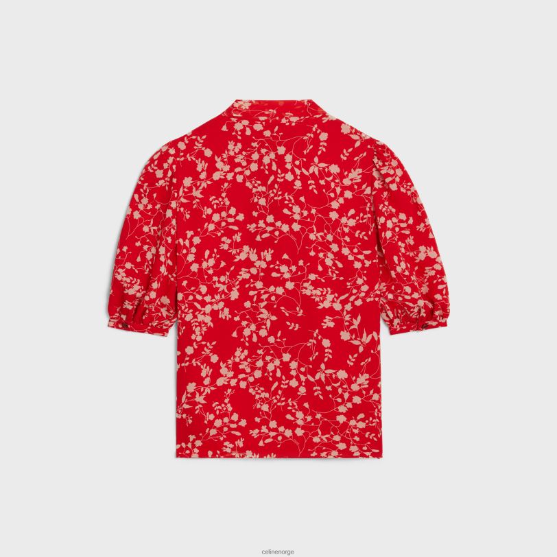 CELINE kvinner lavalliere bluse i silke georgette V0PT6842 klær rouge/craie