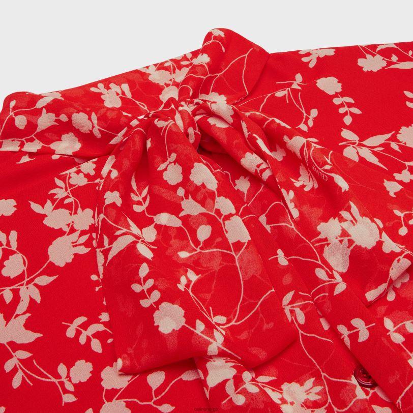 CELINE kvinner lavalliere bluse i silke georgette V0PT6842 klær rouge/craie