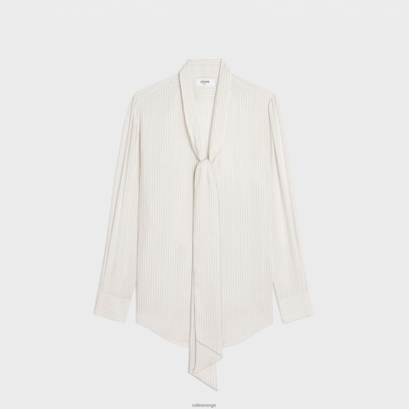 CELINE kvinner romy lavalliere skjorte i stripet silke V0PT6830 klær craie/gris clair