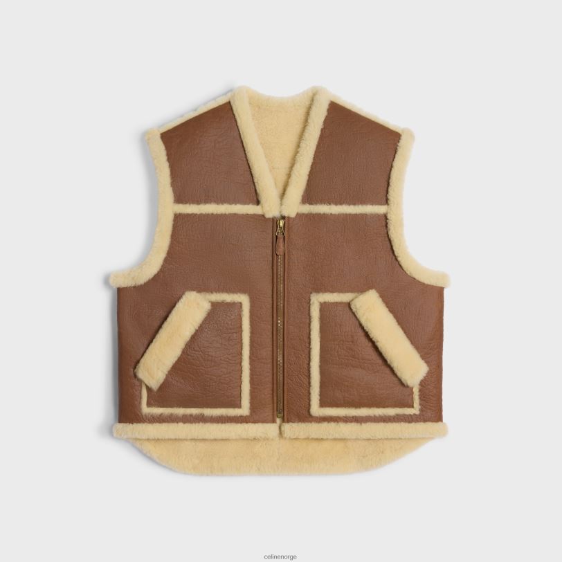 CELINE kvinner vintage-finish vest i shearling V0PT6626 klær brun/krem