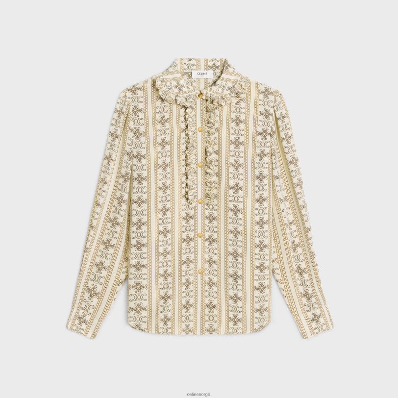 CELINE kvinner volangbluse i crepe de chine V0PT6578 klær elfenben/toffee/marron glace