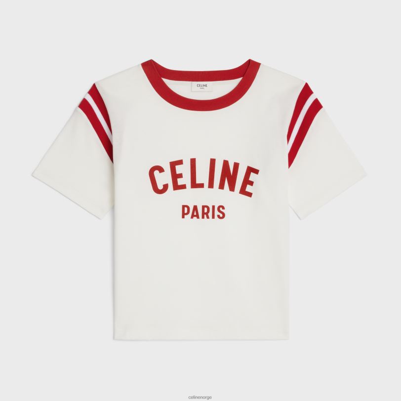 CELINE kvinner paris boxy t-skjorte i bomullstrikot V0PT6777 klær off white/dyp rød