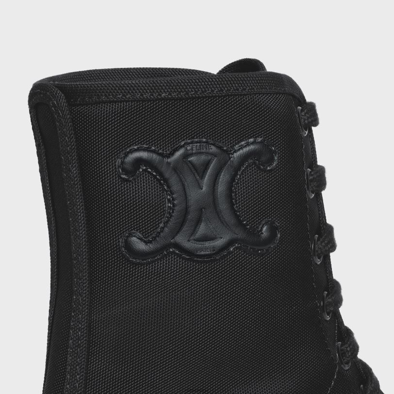 CELINE kvinner klumpete snørestøvel i nylon og skinnende okse V0PT6950 fottøy svart