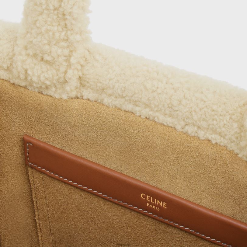 CELINE kvinner små cabas thais i shearling med triomfbroderier V0PT6252 tilbehør naturlig/brun