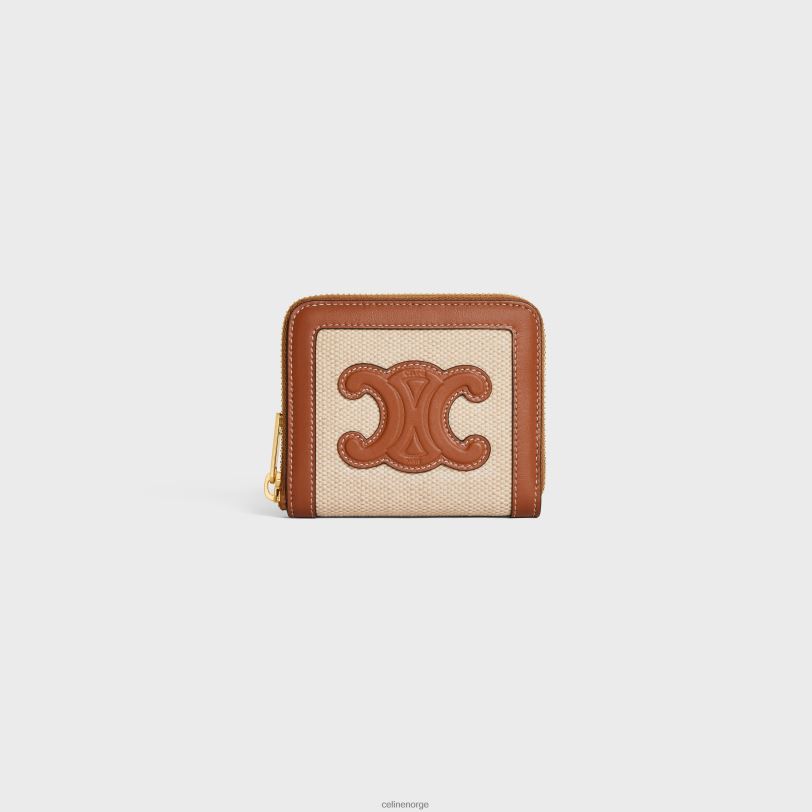 CELINE kvinner kompakt lommebok med glidelås cuir triomphe i tekstil og kalveskinn V0PT6474 tilbehør naturlig/brun