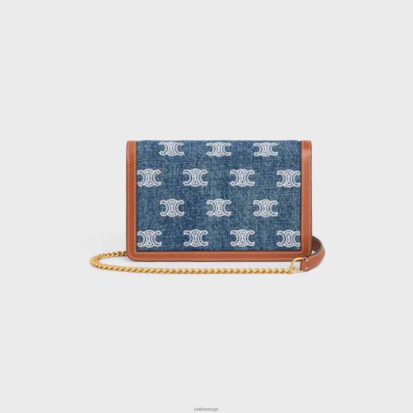 CELINE kvinner lommebok på kjede margo i denim med triomfbroderi og kalveskinn V0PT6358 tilbehør marine/brun