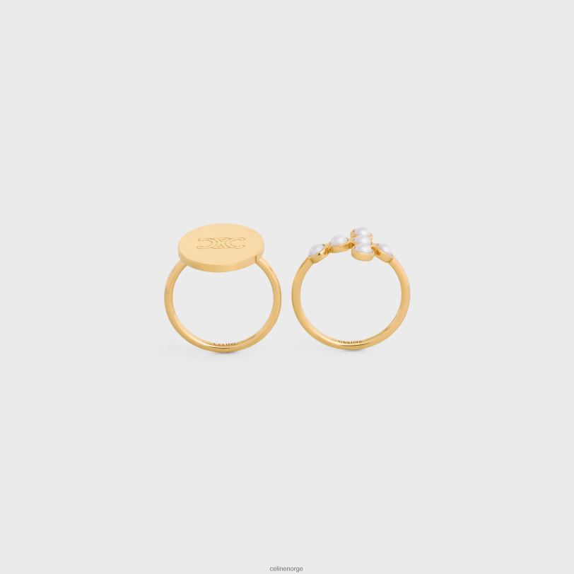 CELINE kvinner triomphe folk sett med 2 ringer i messing med gullfinish og harpiksperler V0PT61377 tilbehør gull/elfenben