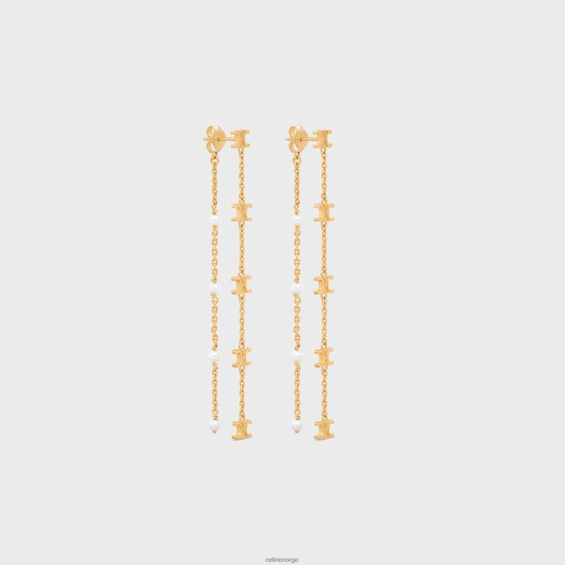 CELINE kvinner triomphe lange perleøredobber i messing med gullfinish og harpiksperler V0PT61283 tilbehør gull/elfenben