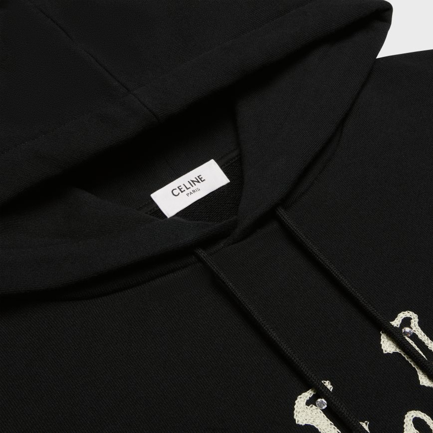 CELINE menn løs brodert hettegenser i bomullsfleece svart/off white/krystall klær TZLR6J1940