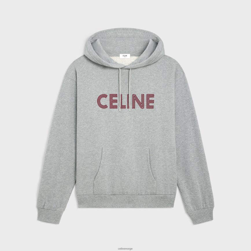 CELINE menn løs hettegenser i bomullsfleece gråmelert/burgunder klær TZLR6J1941