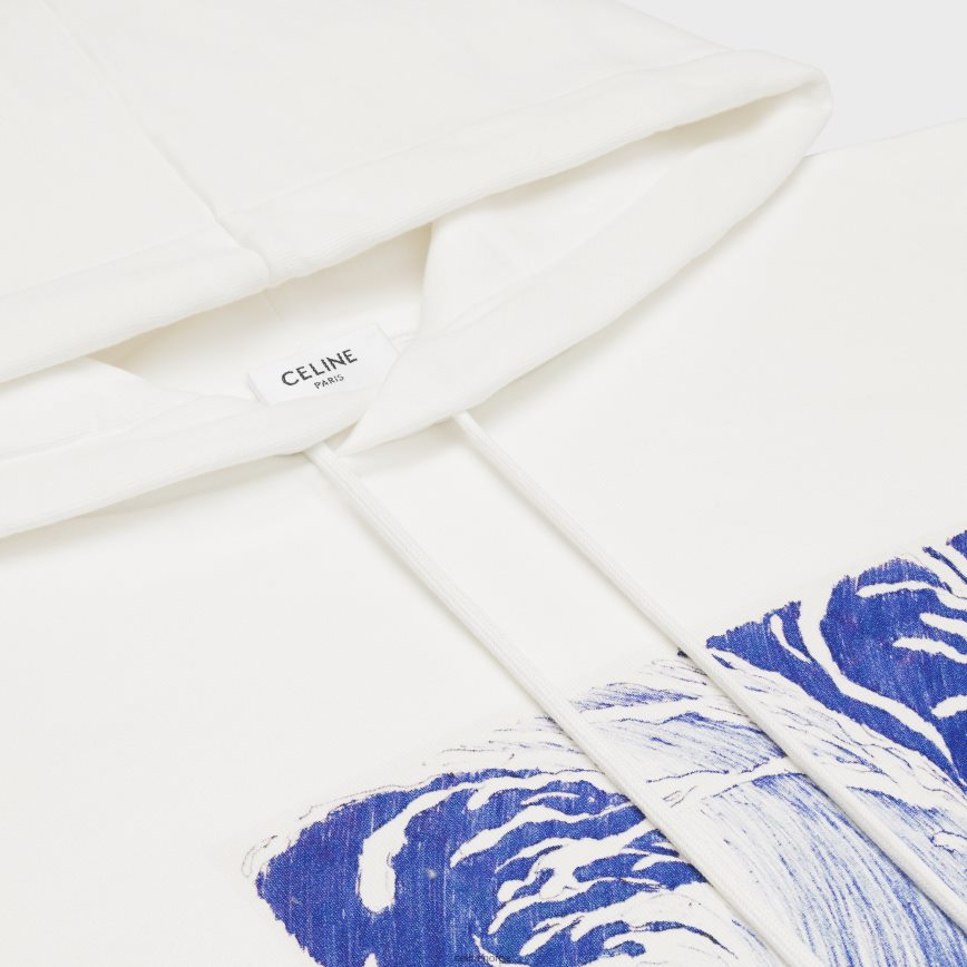 CELINE menn loose wave hettegenser i bomullsfleece offwhite/blå klær TZLR6J1948