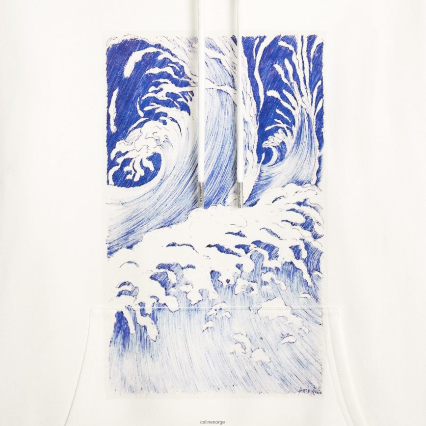 CELINE menn loose wave hettegenser i bomullsfleece offwhite/blå klær TZLR6J1948