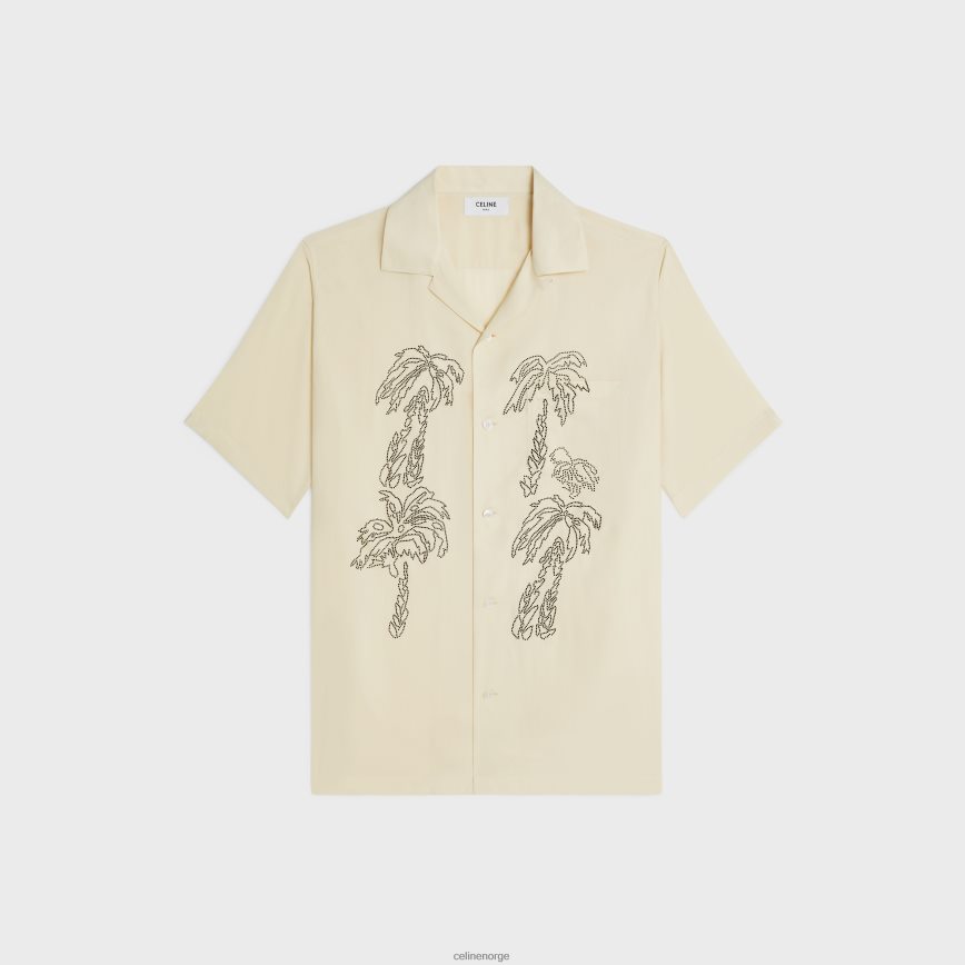 CELINE menn brodert hawaiisk skjorte i viskose melkeaktig beige klær TZLR6J1923