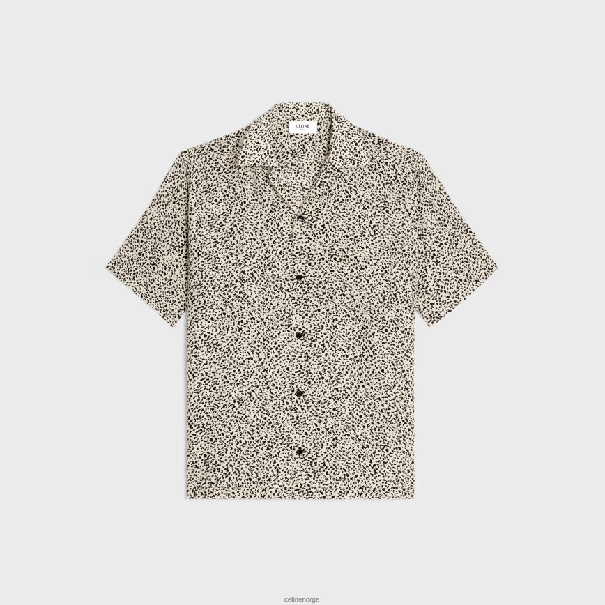 CELINE menn hawaiisk skjorte i crepe de chine med trykk vanilje/noir klær TZLR6J1922