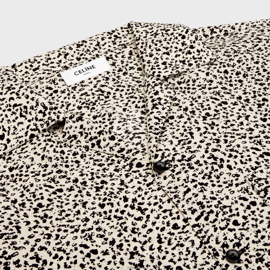 CELINE menn hawaiisk skjorte i crepe de chine med trykk vanilje/noir klær TZLR6J1922