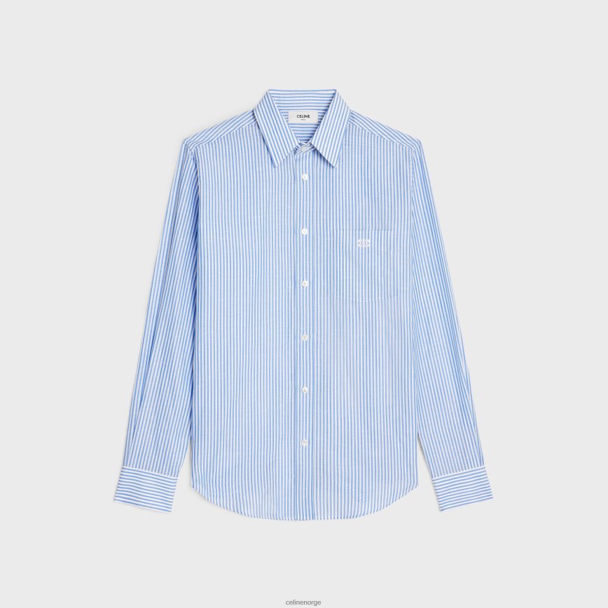 CELINE menn løs skjorte i stripet bomullslin blanc/bleu klær TZLR6J1914