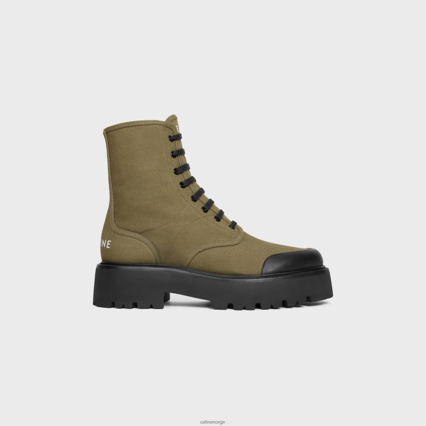 CELINE menn klumpete snørestøvletter i lerret og skinnende okseskinn khaki/svart fottøy TZLR6J2037