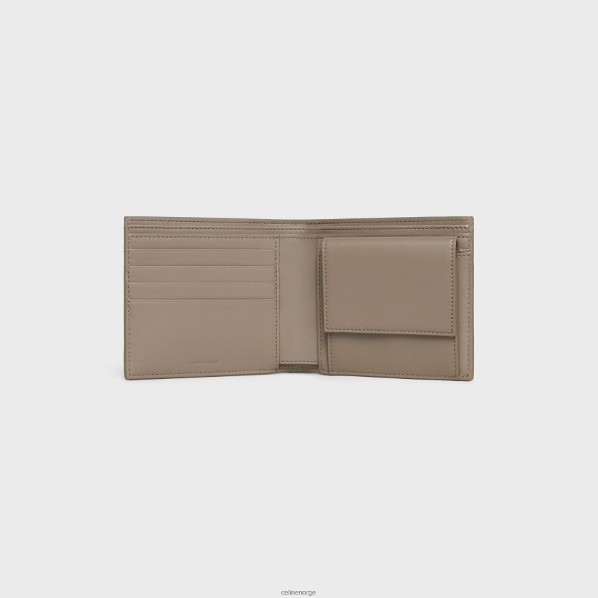 CELINE menn bi-fold lommebok med myntrom i skinnende kalveskinn smokey taupe tilbehør TZLR6J2160