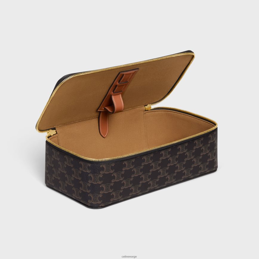 CELINE menn stort toalettveske med topphåndtak i triomf-lerret og kalveskinn tan tilbehør TZLR6J1589