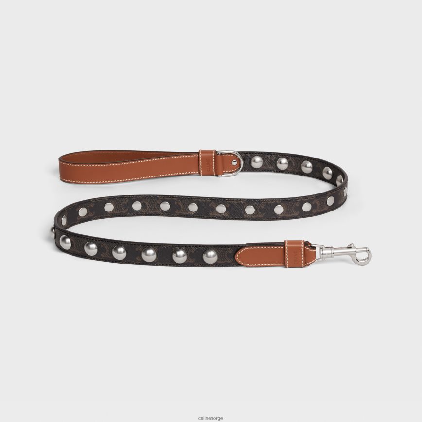 CELINE unisex bredt hundebånd i triomf-lerret og kalveskinn med nagler tan tilbehør TZLR6J1742