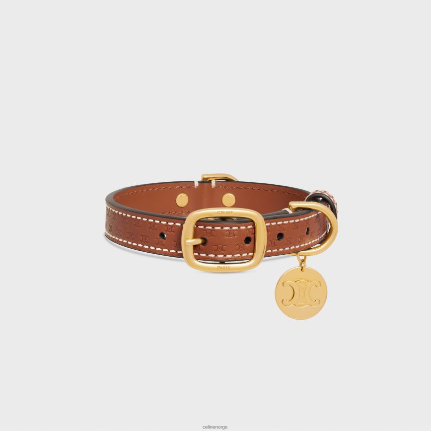 CELINE unisex lite tynt hundehalsbånd i naturlig kalveskinn med triomfpreget tan tilbehør TZLR6J1696