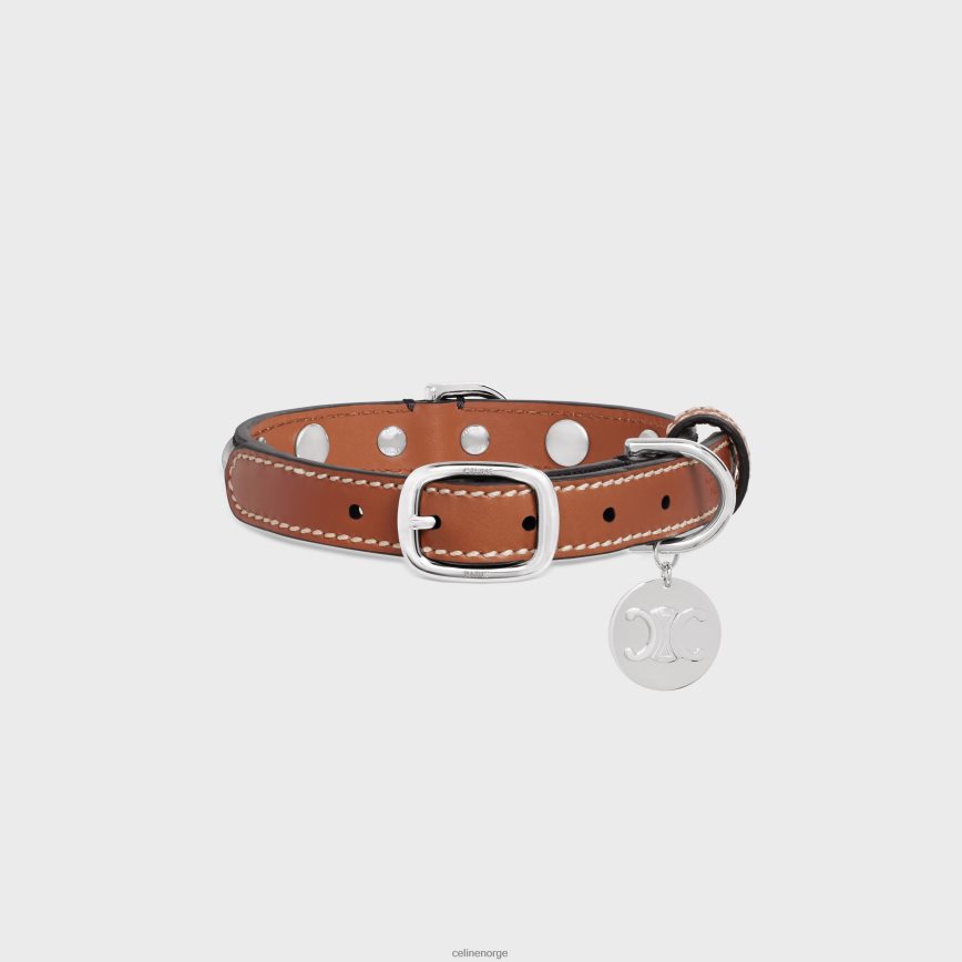 CELINE unisex liten tynn hundehalsbånd i triomphe canvas & kalveskinn med nagler tan tilbehør TZLR6J1738