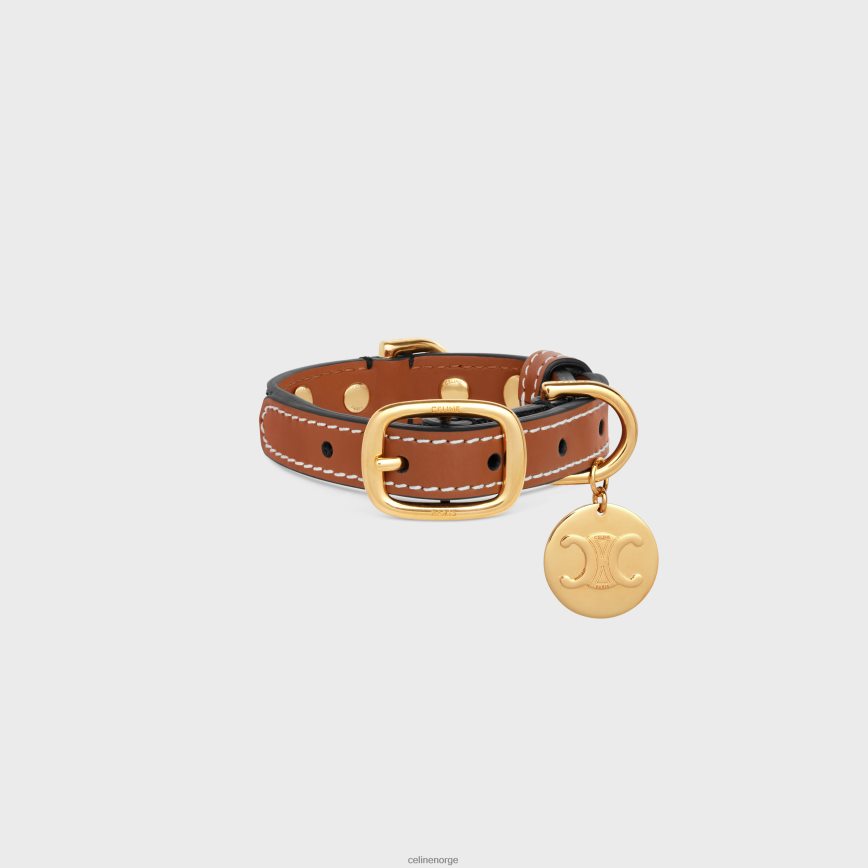 CELINE unisex nano ekstra tynt hundehalsbånd i triomf-lerret og kalveskinn med nagler tan tilbehør TZLR6J1751